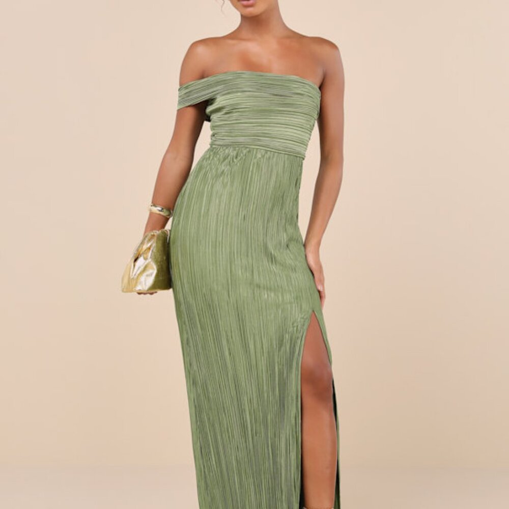 Lulus Poised Performance Olive Green Plisse One-shoulder Maxi Dress - Size L - Picture 1 of 1